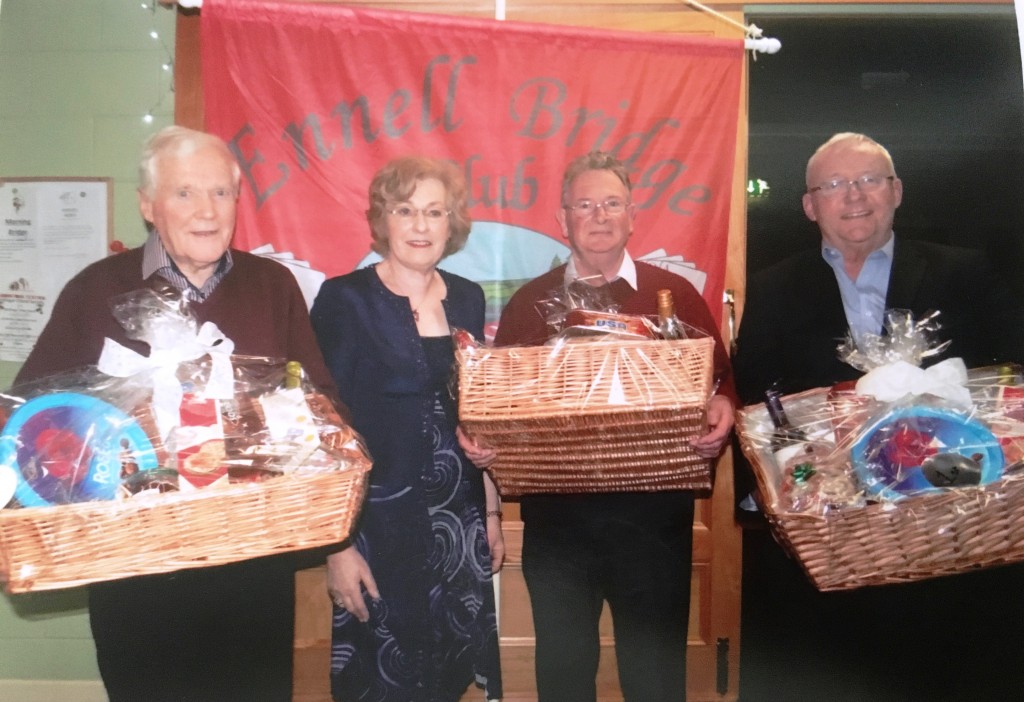1st Prize Winners in 2017 Christmas Hampers.  Pat Curran, Tony O'Sullivan & Bill McConnell with President Maura McAuliffe. Missing from photo Matt Gaffney