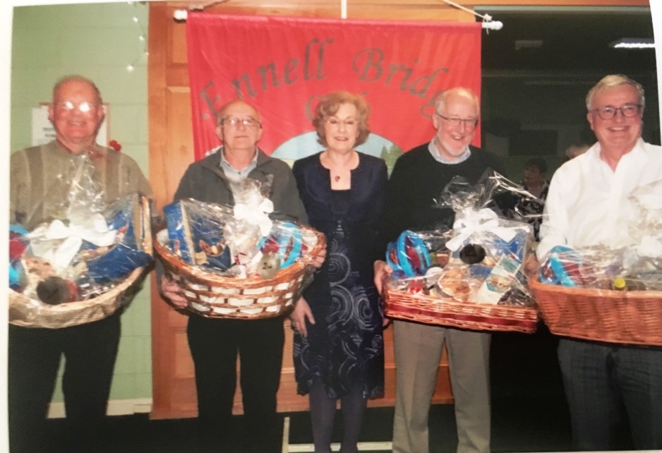 2nd Prize Winners in 2017 Christmas Hampers. Pat Brennan, Peter Flynn, Eugine Hill& Owen Fagan with President Maura McAuliffe