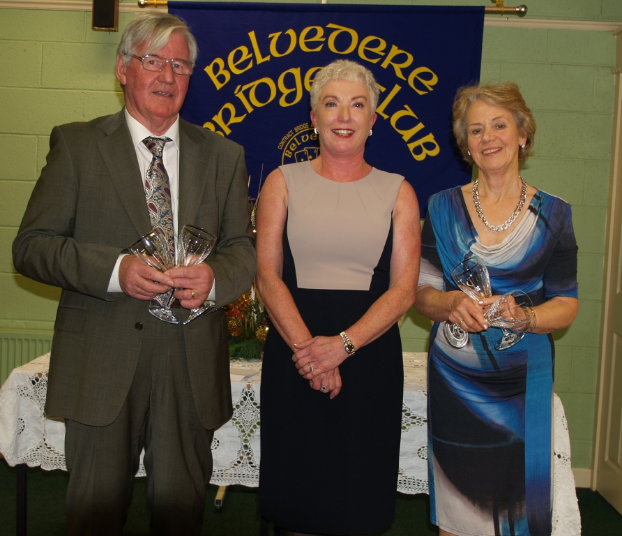 Belvedere Bridge Club President, Patricia Boyhan with the winners of her prize, Frank & Anna Maher