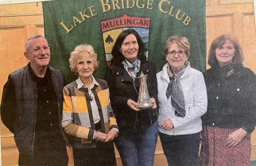 Margaret Culkin presenting the winners of the Teams Competition with their trophy. From left: John Butler, Kathleen O'Hara, Margaret Culkin, Mary Geary and Patricia Gardiner