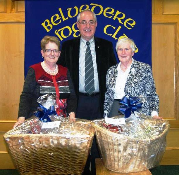 First Prize Winners in the Christmas hamper competition Eileen Muldoon and Rose Marie Isdell with Matty Blake President Belvedere Bridge Club