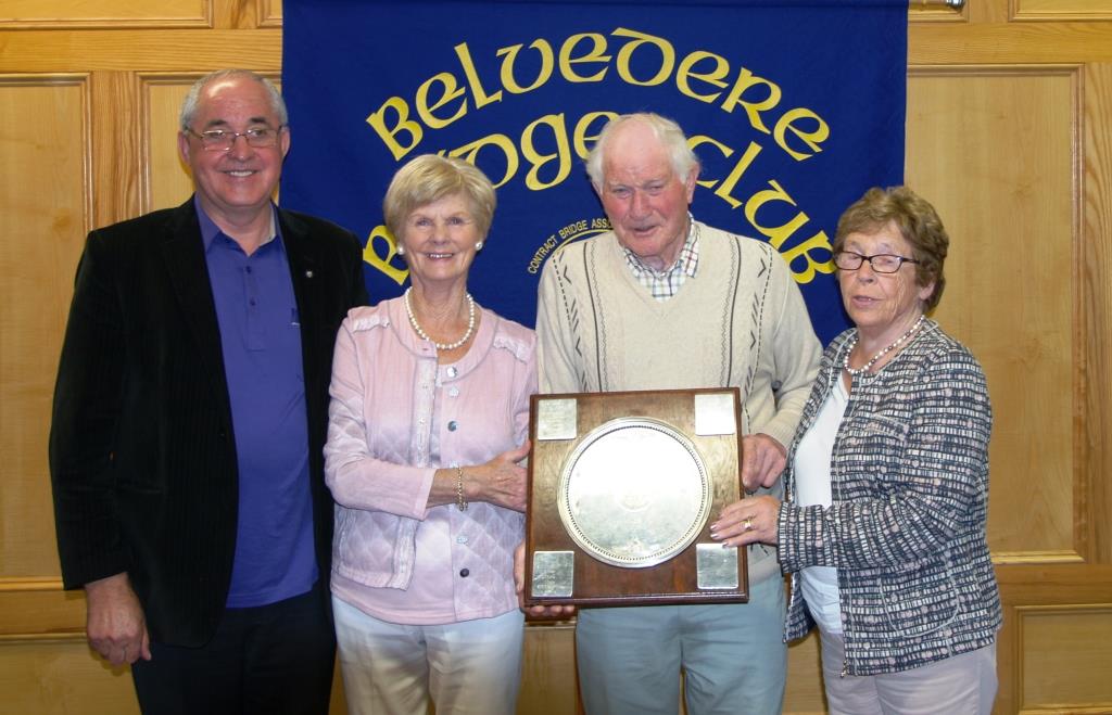 Lough Lane Trophy Matty Blake, President Belvedere Bridge club, with Maura Maguire and Rita Molloy winners presented with trophy by Tommy Fagan sponsor.