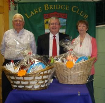 Lake Bridge Club Christmas Hamper - 2nd Nett winners Jim Hearn and Margaret Kilroy with Gerry O'Gorman, Club President