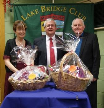 OLake Bridge Club Christmas Hamper - 5th Nett winners Mary and Frank McHugh with Gerry O'Gorman, Club President