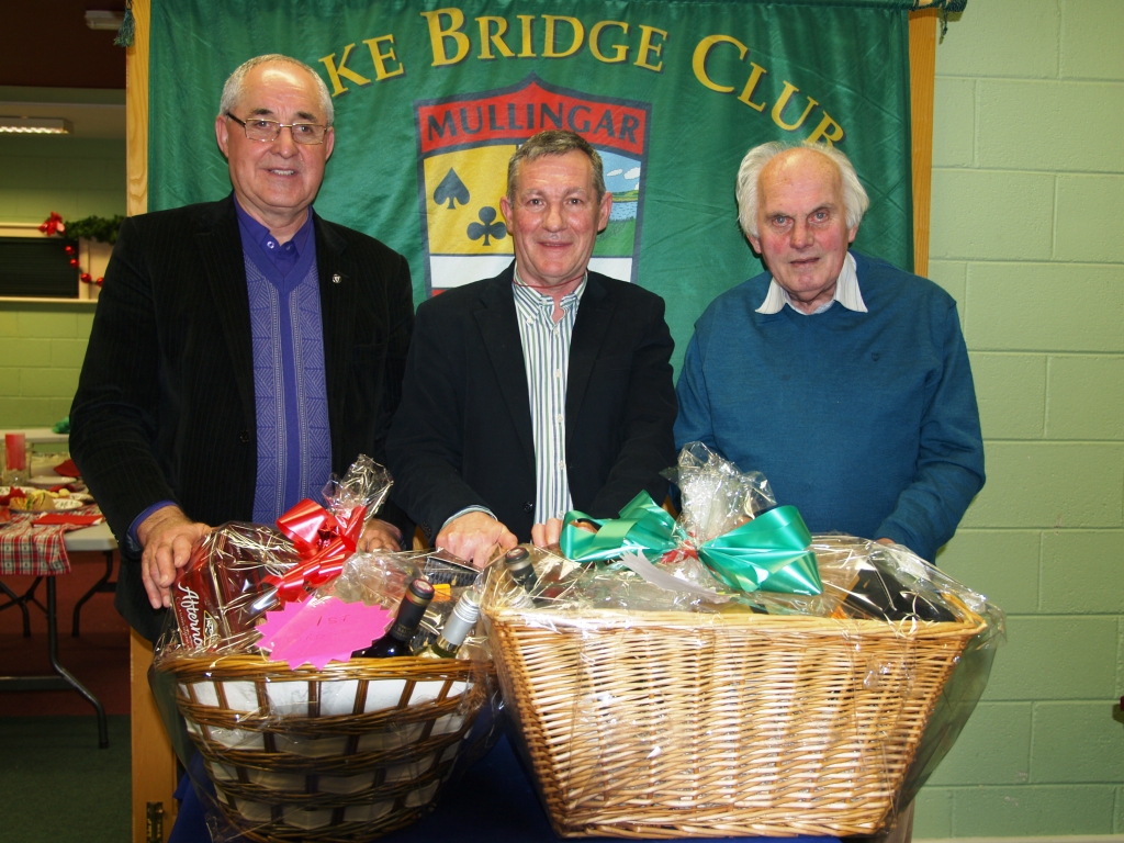 Lake Christmas Hamper winners L/R Matty Blake, John Butler President Lake Bridge club and Pat Seery